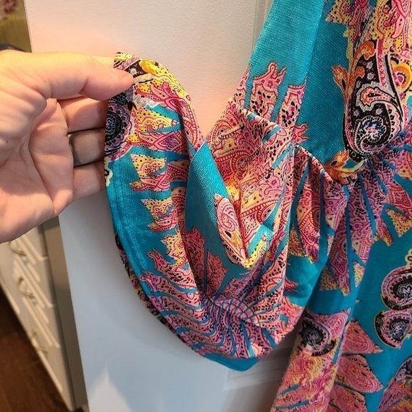 PINK & Teal Paisley Tunic Top with Bell Sleeves & Pockets Size Small - Picture 5 of 7